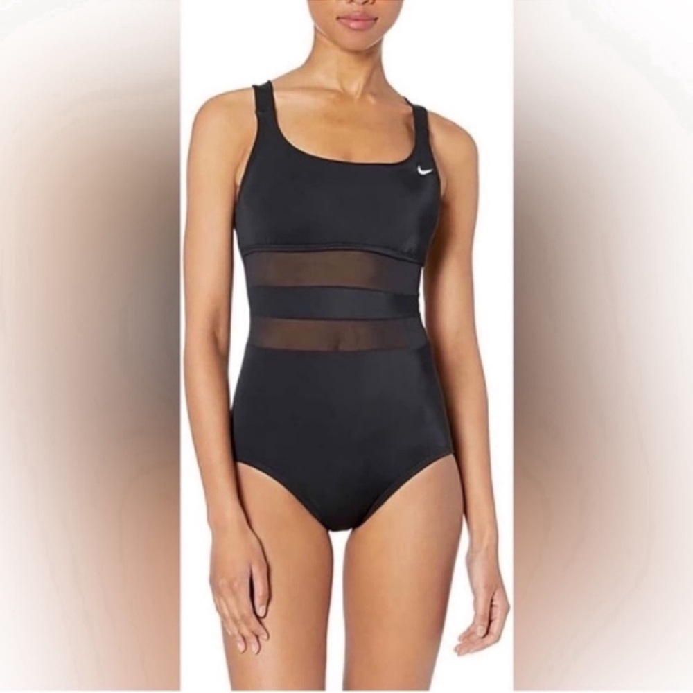 NWT Nike Women's Black Mesh Solid Edge V-Back One Piece Swimsuit Sz L